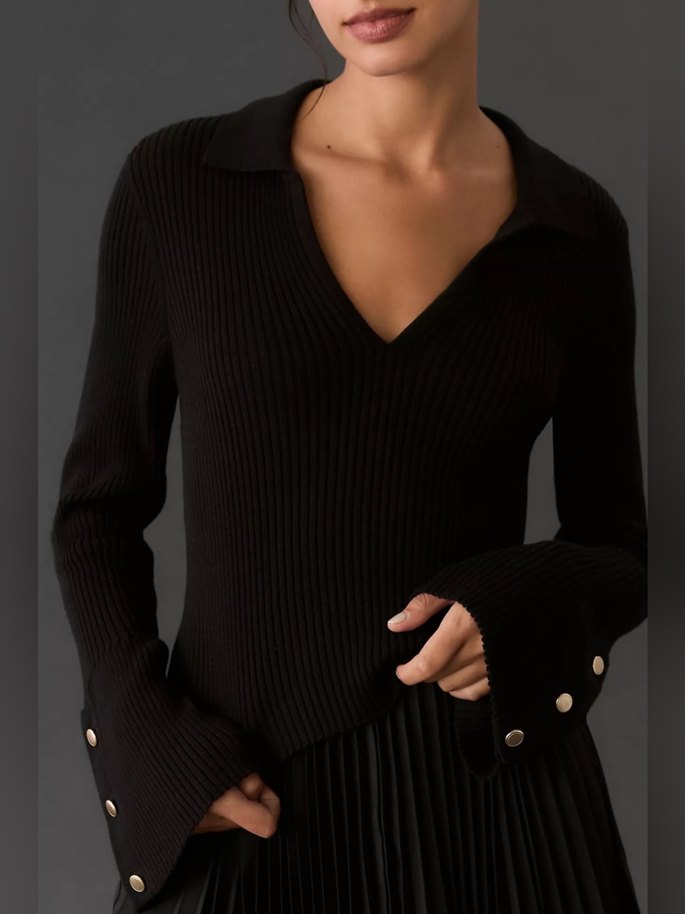 NWT Anthropologie Maeve Bell-Sleeve Black Ribbed V-Neck Polo Sweater Medium M